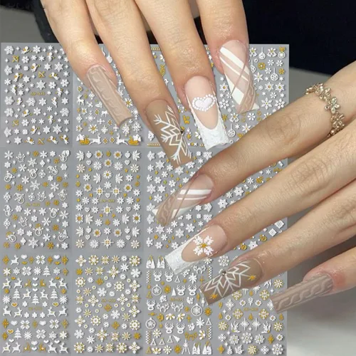 Vista 8 de 20 hojas de calcomanías de uñas 3D, diseño de oro/diamante, lujosas calcomanías de uñas autoadhesivas con relieve, calcomanías de uñas de flores