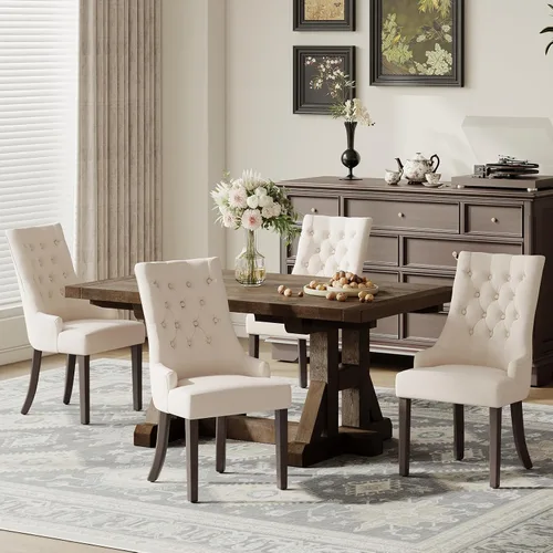 Vista 11 de COLAMY Wingback Tufted Dining Chairs Set of 2, Beige Upholstered Dining Room Chairs with Wood Legs, Kitchen Chairs for Home Kitchen