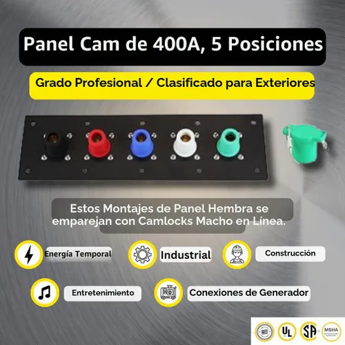 Vista 2 de Panel de bloqueo CAM de 5 posiciones, 400 amperios, trifásico 120/208 V, hembra, 90°, conexiones de doble tornillo con tapas y cordones NEMA 3R