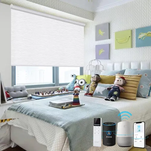 Vista 7 de TIPIACE Persianas motorizadas recargables compatibles con Alexa Google Home a través del concentrador, control remoto, opacas, de tela jacquard