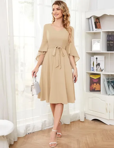 Vista 5 de Bridesmay Elegante vestido de cóctel para mujer, manga 34, cuello en V, longitud del té con cinturón desmontable