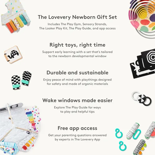 Vista 6 de LOVEVERY, El juego de regalo para recién nacido, gimnasio de juego con hebras sensoriales y kit de juego Looker, esenciales para el desarrollo