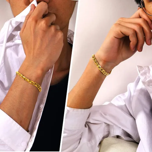 Vista 5 de PROSTEEL Pulsera de eslabones cubanos para hombre, negrooro de 18 quilates, acero inoxidable 316L, joyería de hip hop, ancho 0.236 in0.354 in0.512