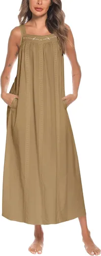 Vista 25 de YOZLY Camisones de algodón para mujer con bordado, sin mangas, con bolsillos S-XXXL