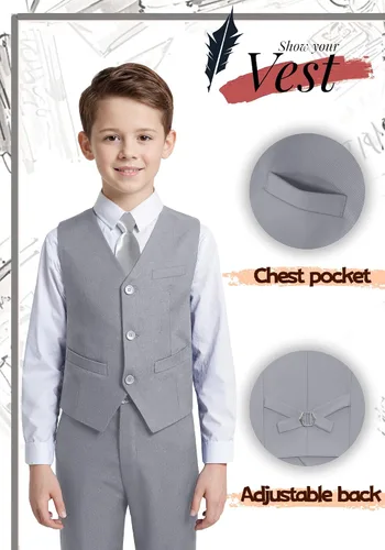 Vista 4 de YuanLu Traje de Boda para Niños, Ropa de Vestir para Niños, Traje de Portador de Anillos, Vestido de Regreso a Casa, Traje de Chaleco y Pantalones
