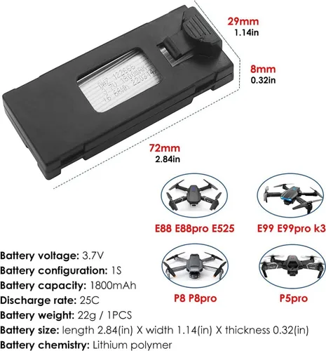 Vista 2 de Accesorios 3.7V 1800mAh Li-po Baterías (3PCS) para E88 E88PRO E88MAX E525 E99 E99PRO P1 P5PRO K3 S1 P8 RC Drone
