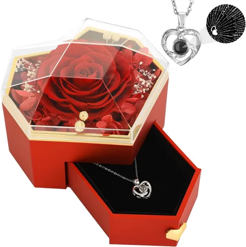 Vista 13 de Emibele - Regalos de rosa preservada para mujer, caja de rosa eterna con collar de corazón, regalos románticos con mensaje "te amo" para mujeres