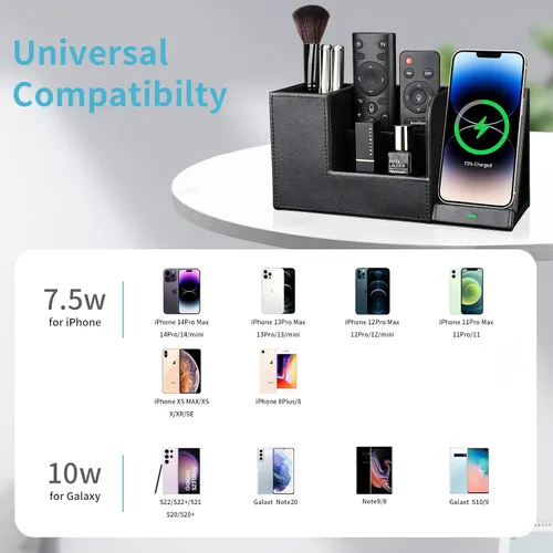 Vista 6 de Organizador de escritorio de cuero PU con soporte de estación de carga inalámbrica para iPhone 10W, soporte rectangular para caja de pañuelos negro