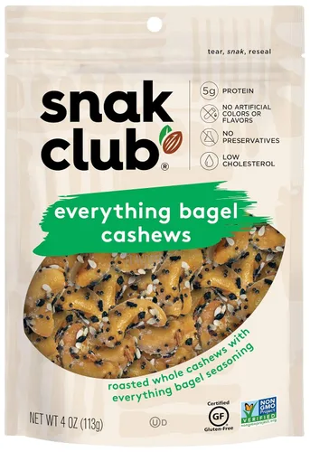 Vista 2 de Snak Club Everything Bagel - Bocadillo de anacardos tostados y sazonados, bolsa resellable de 4 onzas (paquete de 6)