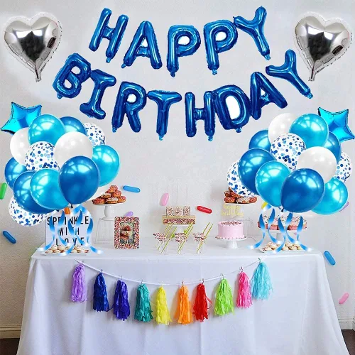 Vista 5 de Morofme Juego de decoraciones de fiesta de cumpleaños azul con 38 globos, confeti, globos de aluminio, cortinas con flecos para eventos temáticos