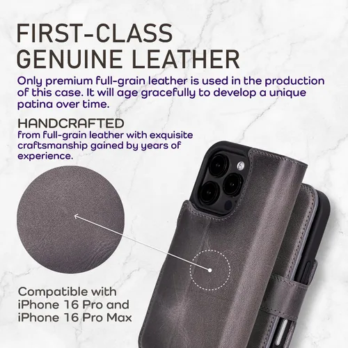 Vista 41 de Bayelon Funda tipo cartera para iPhone 15 Pro, cartera de cuero de grano completo, funda magnética desmontable, tarjetero, funda tipo cartera