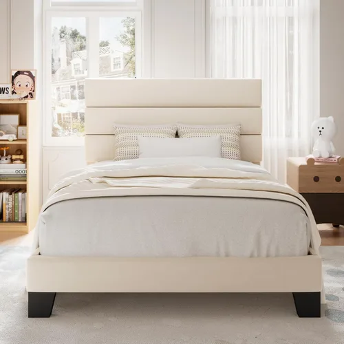 Vista 10 de Allewie Base de cama de plataforma de tamaño individual con cabecera tapizada de tela y soporte de listones de madera, base de colchón totalmente
