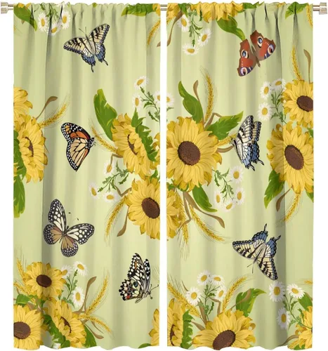 Vista 11 de Cortinas opacas de girasol, diseño natural, de granja, floral, con bolsillo para barra, para ventana, para dormitorio, sala de estar, 42 x 45