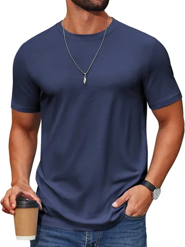 Vista 20 de COOFANDY Camiseta de manga corta para hombre, de mezcla de algodón, cuello redondo, informal, para verano, básica Verde militar
