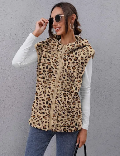Vista 4 de TFSDOD Chaleco de forro polar sherpa para mujer, acogedor, sin mangas, con bolsillo, chaleco con capucha y cremallera para mujer