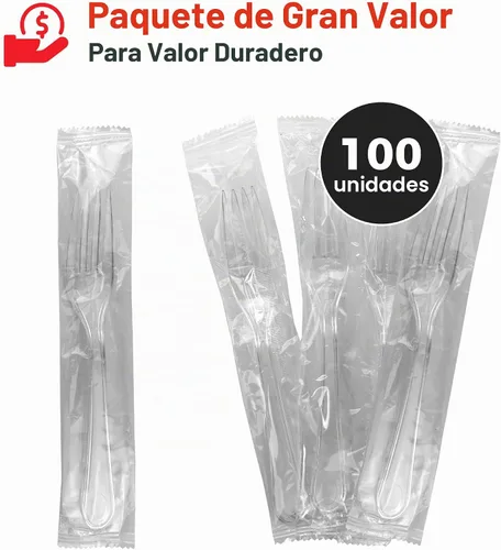 Vista 2 de 2 tenedores de plástico transparente resistentes envueltos individualmente