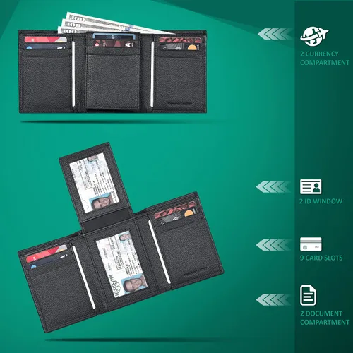Vista 2 de Billetera de tres pliegues para hombre Cartera de piel auténtica con bloqueo RFID con 9 ranuras para tarjetas