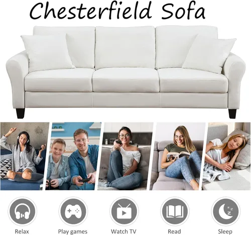 Vista 18 de Sofá tapizado de terciopelo de 3 plazas con 2 almohadas, sofá moderno de 78 pulgadas con patas de madera maciza para sala de estar, apartamento