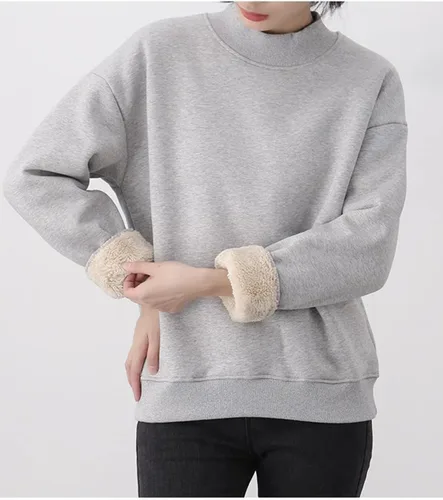 Vista 3 de Jenkoon Sudadera con forro polar de sherpa para mujer, cálida, suave y con cuello alto falso
