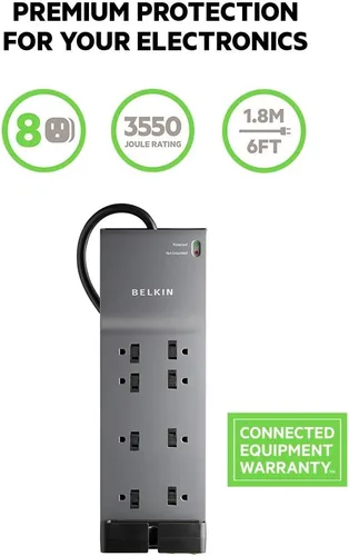 Vista 2 de Belkin protector de sobretensión de 6 salidas 1.8 m 8 tomas Paquete de 10 Negro