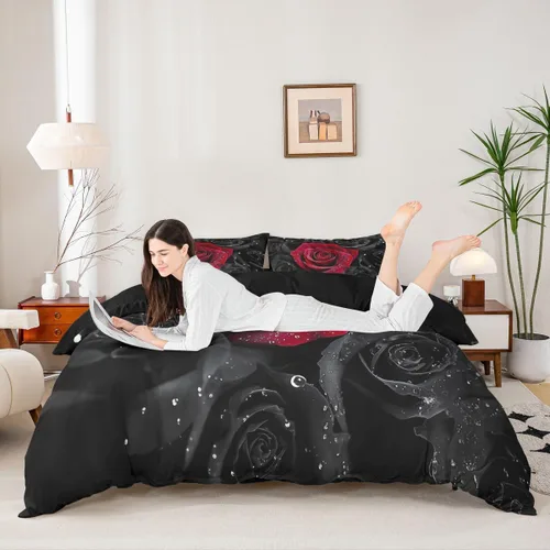 Vista 3 de Feelyou - Juego de funda de edredón con estampado floral de rosas - Juego de ropa de cama con flores románticas para dormitorio de niños, niñas