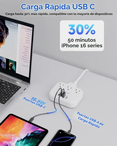 Vista 4 de Adaptador de Enchufe de Sudáfrica, Adaptador Tipo M para Sudáfrica con 3 Tomas de CA y 4 Puertos USB (2 USB C) 15.5W, Cable de Extensión de 3FT
