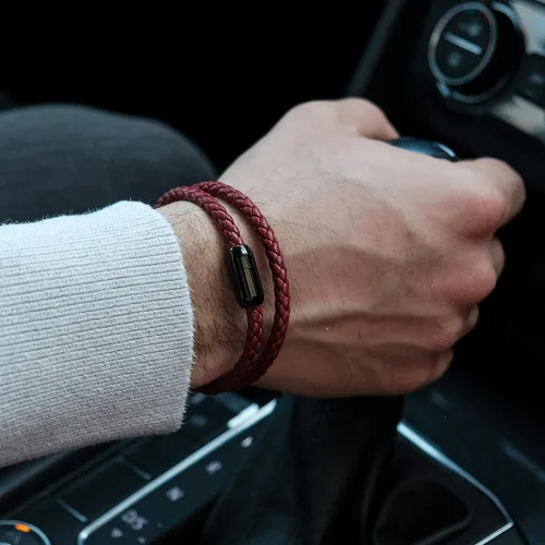 Vista 5 de Pulsera de cuero trenzada con cierre magnético de acero inoxidable para hombre, pulsera de cuero auténtico con cierre magnético