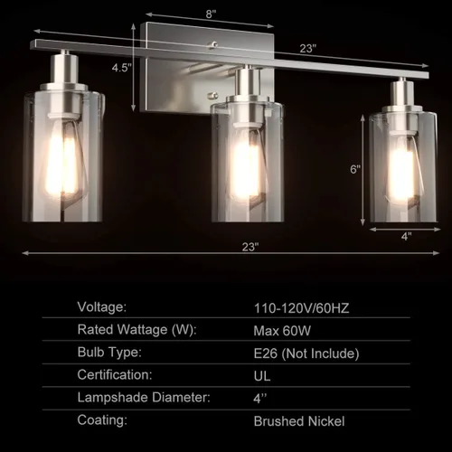 Vista 5 de Tangkula Lámparas de tocador de baño de 3 luces, apliques de pared modernos con pantalla de vidrio transparente con base E26, iluminación de pared