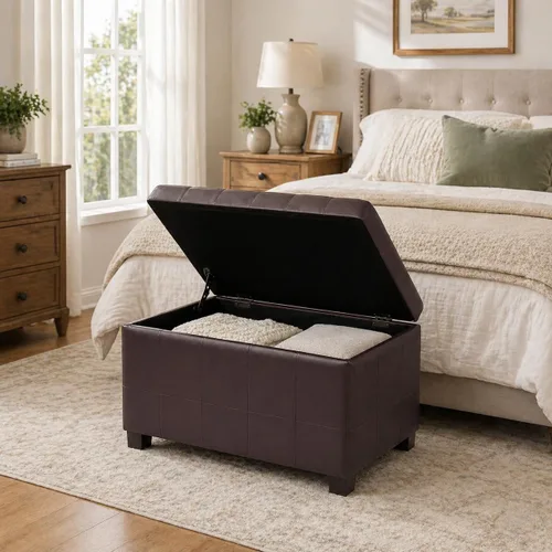 Vista 3 de Otomana tapizada de almacenamiento con tapa con bisagras, otomana de piel sintética de 23.6 pulgadas para sala de estar y dormitorio, color marrón
