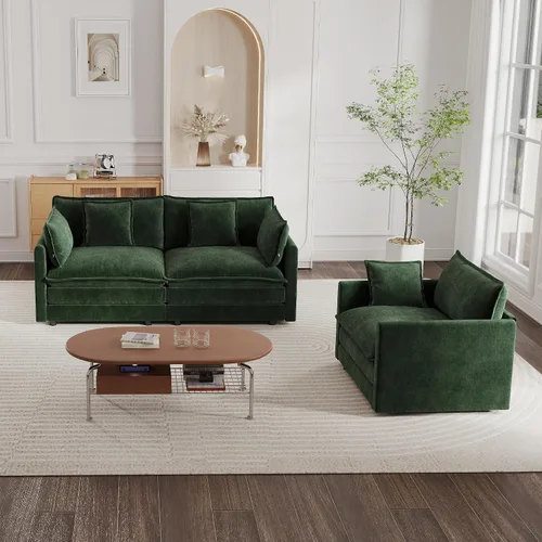Vista 15 de mikibama Juego de sofá biplaza y sillón de lujo de 2 piezas, moderno juego de sofás nube tapizados de chenilla con 5 almohadas para sala de estar