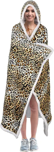 Vista 2 de Manta con capucha, cálida y acogedora manta de poncho suave, capa de forro polar, regalos para mujeres, Guepardo