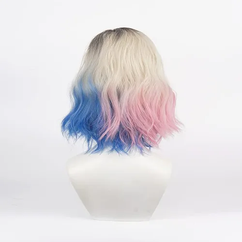 Vista 5 de Enid Sinclair Pelucas onduladas mujeres rosa y azul negro superior rizado corto partido Cosplay pelucas sintéticas niñas peinado vestido pelo