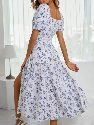 Vista 2 de WDIRARA Vestido de manga corta con cuello cuadrado y estampado floral para mujer