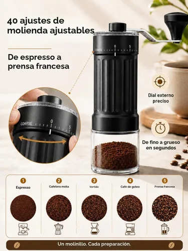 Vista 4 de Molinillo de café manual con rebabas de cerámica, 40 ajustes ajustables para expreso, V60, verter, campamento y viajes