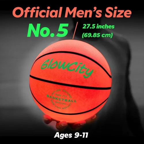 Vista 5 de GlowCity Baloncesto que brilla en la oscuridad – Tamaño 5, 6, 7 bola iluminada para niños, adolescentes y adultos – Juegos nocturnos al aire libre
