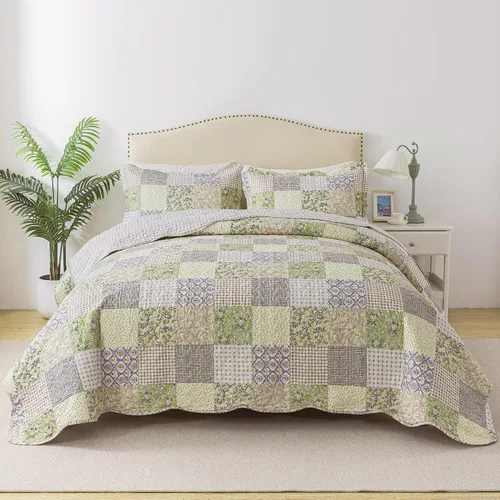Vista 63 de Juego de cama de dos piezas, tamaño individual, de microfibra, reversible, de retazos, estilo floral, todas las estaciones, patrón de porcelana azul