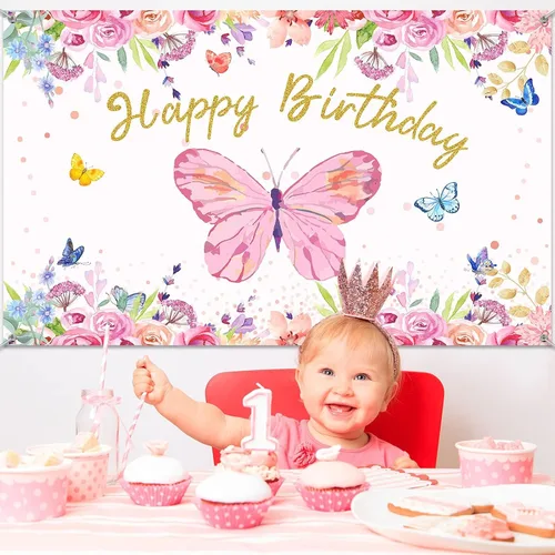 Vista 5 de Tatuo Telón de fondo de mariposa de feliz cumpleaños de 6 x 4 pies, decoración de fiesta de cumpleaños de mariposa rosa para niñas y mujeres