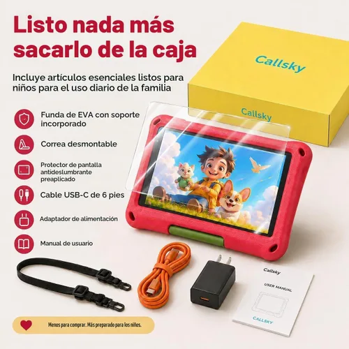Vista 2 de Tableta para niños de 8 pulgadas, Android 15, Octa-Core 12 GB de RAM + 64 GB de ROM, tableta para niños pequeños con WiFi 6, control parental Rojo