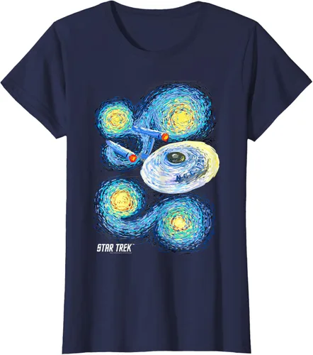 Vista 26 de Star Trek Camiseta de pintura de noche estrellada de la serie original, Negro, S