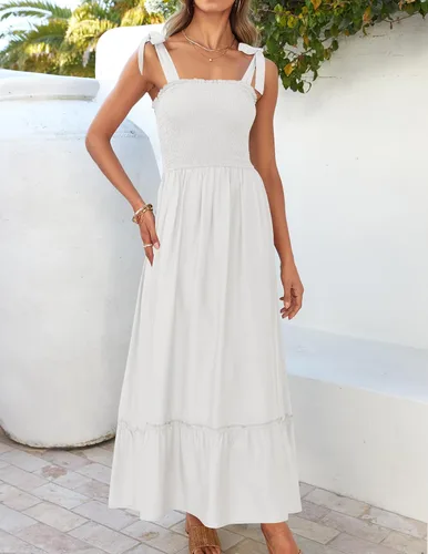 Vista 2 de ZESICA - Vestido largo, bohemio de verano para mujer, acampanado, con tirantes delgados, cuello cuadrado y volantes, vestido largo para la playa