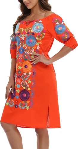 Vista 6 de YZXDORWJ Vestido bordado mexicano de manga corta para mujer