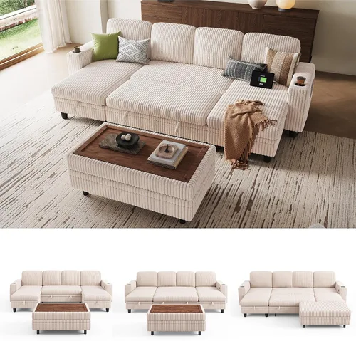 Vista 24 de LINSY HOME Sofá cama seccional con sofá cama extraíble para sala de estar (azul) Plush Corduroy