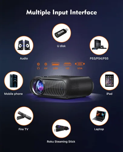 Vista 4 de ELEPHAS Mini proyector, pantalla Full HD 1080P y 180", proyector portátil de cine en casa con 50,000 horas de vida útil de la lámpara LED Negro