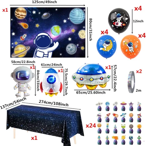 Vista 2 de Juego de 43 piezas de suministros para fiestas del espacio exterior, incluyendo mantel de tela de fondo, cintas metálicas de globos de látex