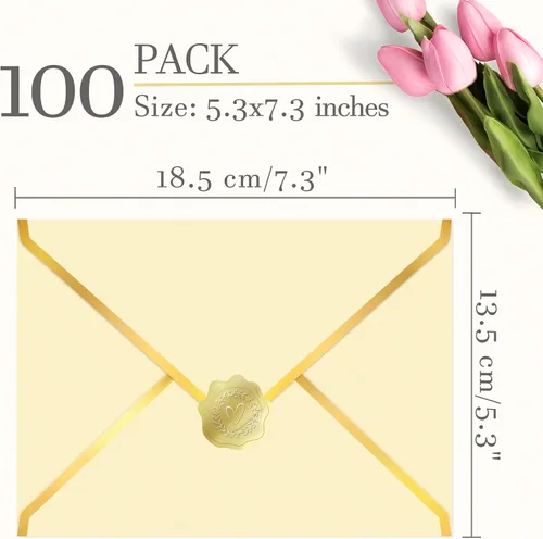 Vista 6 de Paquete de 100 sobres A7 de 5 x 7 para invitaciones, 7.18 oz de cartulina gruesa brillante 4 x 6 con solapa en V y sellador de lámina dorada, sobre