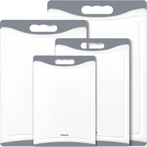 Vista 8 de Tablas de cortar extra grandes, de plástico para cocina (juego de 4) Tabla de cortar para lavavajillas con ranuras para jugos, asas de fácil agarre