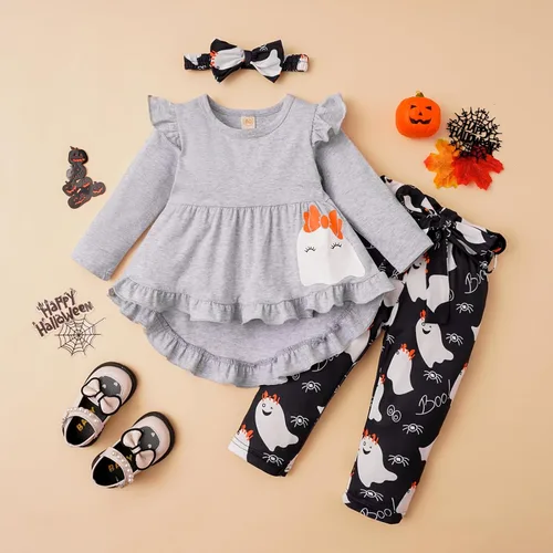 Vista 2 de Noubeau Conjunto de 3 piezas de ropa de otoño para bebé niña de Halloween, vestido de camisa bohemia con volantes y pantalones de calabaza fantasma