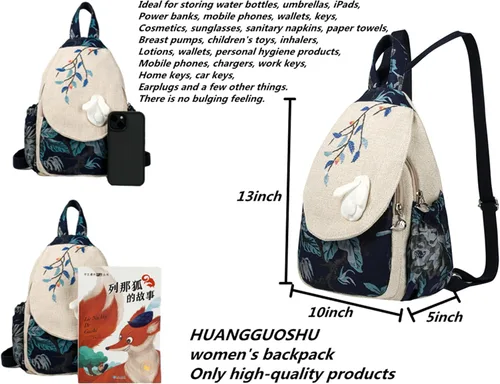 Vista 143 de HUANGGUOSHU Mochila de algodón tejida de algodón bohemio con bordado de lona estilo bohemio con múltiples bolsillos retro linda mochila cartera