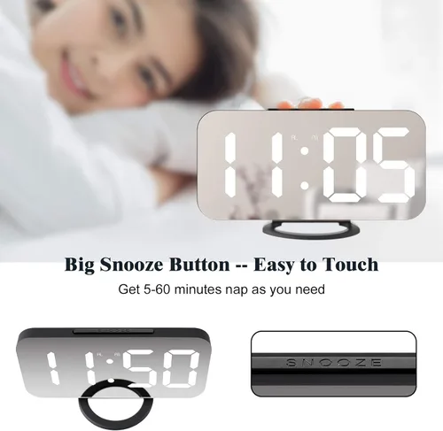 Vista 7 de Reloj despertador digital Lamisola, gran pantalla LED con espejo, 2 puertos de carga USB, brillo ajustable automáticamente, relojes modernos