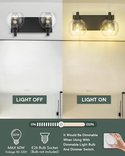 Vista 8 de Accesorios de iluminación de baño, luz de tocador mate negra de 2 luces, apliques de pared modernos con pantalla de globo de vidrio transparente